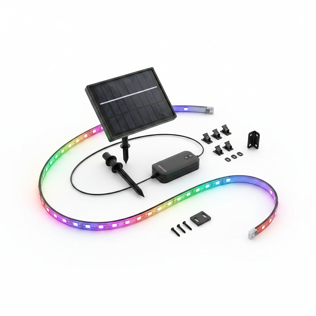 Flexible solar LED light strip with adhesive backing, waterproof design