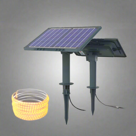 Solar powered RGB and warm white LED strip lights for outdoor use