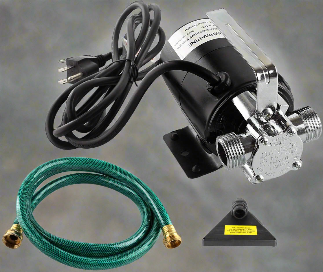 330 GPH Electric Water Transfer Pump with Hose Kit – Front View

Portable Utility Water Pump – 110V AC Powered

Complete Transfer Pump Kit with Accessories – Top View

Metal and Plastic 330 GPH Utility Pump in Action