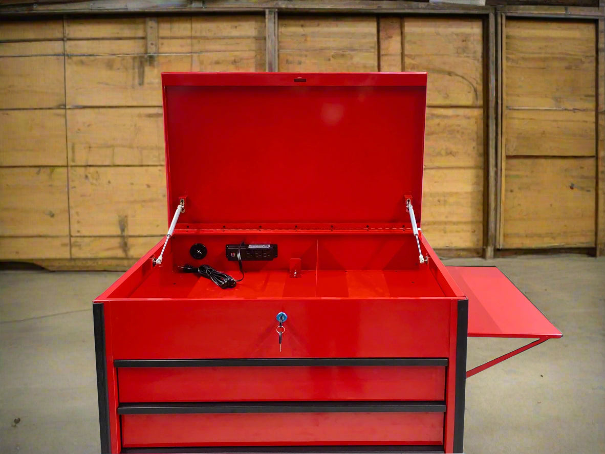 34 inch rolling tool bench with 6 drawers in red steel
Heavy-duty tool cart with drawers and locking system
Mobile service tool cabinet with caster wheels
Tool chest with built-in power strip and top tray
Garage tool storage bench in multiple color options