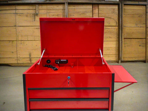 34 inch rolling tool bench with 6 drawers in red steel
Heavy-duty tool cart with drawers and locking system
Mobile service tool cabinet with caster wheels
Tool chest with built-in power strip and top tray
Garage tool storage bench in multiple color options