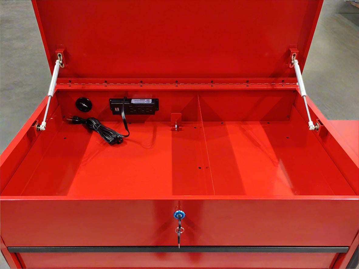 34 inch rolling tool bench with 6 drawers in red steel
Heavy-duty tool cart with drawers and locking system
Mobile service tool cabinet with caster wheels
Tool chest with built-in power strip and top tray
Garage tool storage bench in multiple color options