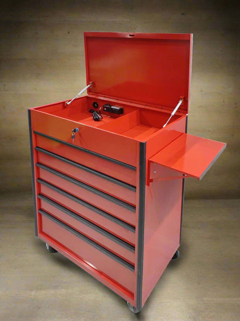 34 inch rolling tool bench with 6 drawers in red steel
Heavy-duty tool cart with drawers and locking system
Mobile service tool cabinet with caster wheels
Tool chest with built-in power strip and top tray
Garage tool storage bench in multiple color options