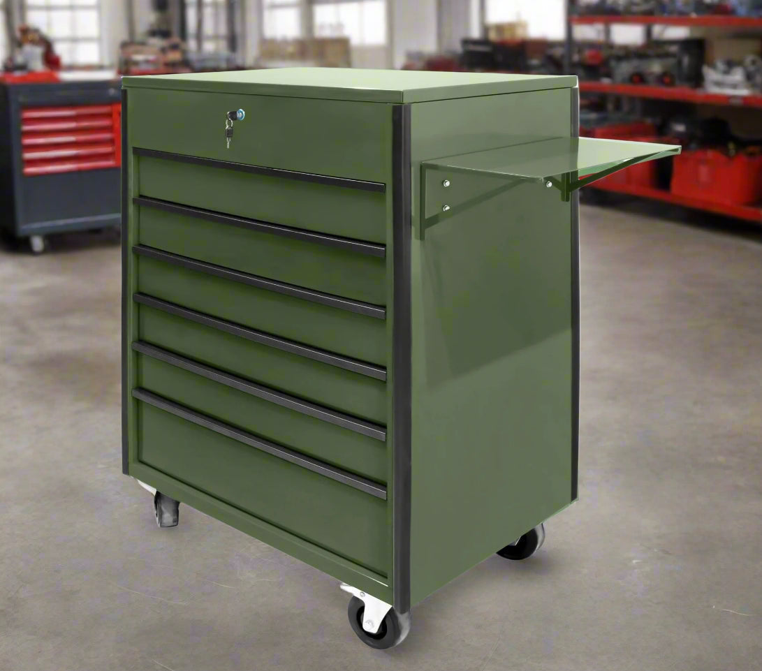 34 inch rolling tool bench with 6 drawers in red steel
Heavy-duty tool cart with drawers and locking system
Mobile service tool cabinet with caster wheels
Tool chest with built-in power strip and top tray
Garage tool storage bench in multiple color options