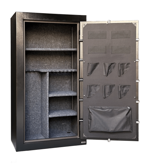 "Black fireproof 36 gun safe with electronic keypad lock"

"Adjustable interior of large 50-gun capacity safe"

"Secure gun safe lock close-up with override key"

"50-gun fire-rated safe exterior textured black finish"