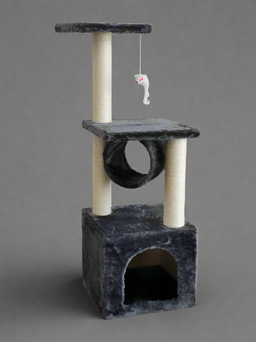 36-inch gray cat tower with scratching posts and tunnel

Multi-level cat condo with sisal posts and perches

Compact cat tree for small spaces and indoor cats