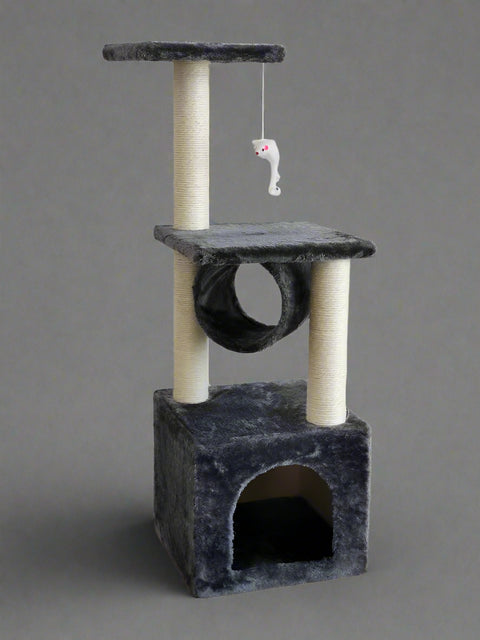 36-inch gray cat tower with scratching posts and tunnel

Multi-level cat condo with sisal posts and perches

Compact cat tree for small spaces and indoor cats