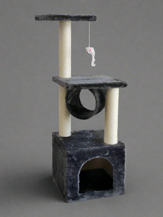 36-inch gray cat tower with scratching posts and tunnel

Multi-level cat condo with sisal posts and perches

Compact cat tree for small spaces and indoor cats