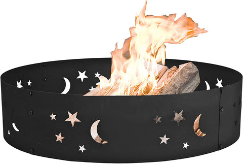 New 36" Large Round Metal Fire Pit Ring with Star & Moon Design – Easy Assembly | SKU: XY0625 - with | Sold by Uncle Wiener's Wholesale