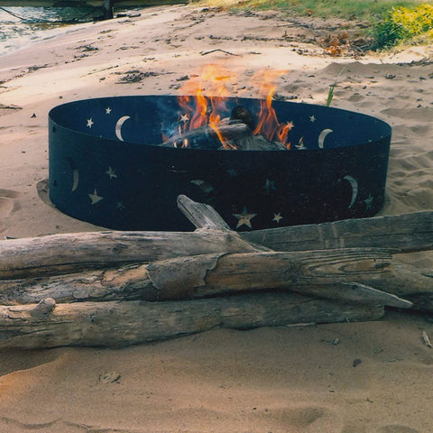 New 36" Large Round Metal Fire Pit Ring with Star & Moon Design – Easy Assembly | SKU: XY0625 - with | Sold by Uncle Wiener's Wholesale