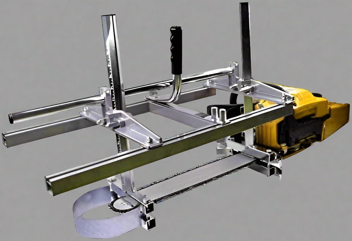 36 inch portable chainsaw mill attached to chainsaw”
Adjustable chainsaw mill cutting log into plank
Aluminum frame chainsaw lumber guide with hardware
S1172 chainsaw milling tool close-up
Chainsaw mill cutting hardwood lumber outdoors