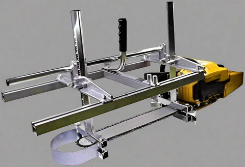 36 inch portable chainsaw mill attached to chainsaw”
Adjustable chainsaw mill cutting log into plank
Aluminum frame chainsaw lumber guide with hardware
S1172 chainsaw milling tool close-up
Chainsaw mill cutting hardwood lumber outdoors
