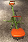 Kids spinning on green 360° seesaw in backyard
360-degree rotating seesaw with blue seats and soft handles
Outdoor seesaw with rotation and bounce action
Side view of children playing on rotating seesaw
Playground toy for toddlers and young kids