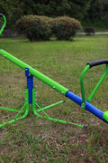 Kids spinning on green 360° seesaw in backyard
360-degree rotating seesaw with blue seats and soft handles
Outdoor seesaw with rotation and bounce action
Side view of children playing on rotating seesaw
Playground toy for toddlers and young kids
