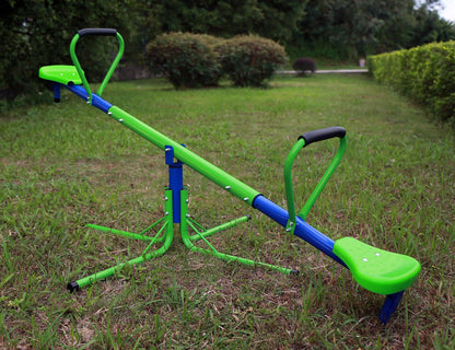 Kids spinning on green 360° seesaw in backyard
360-degree rotating seesaw with blue seats and soft handles
Outdoor seesaw with rotation and bounce action
Side view of children playing on rotating seesaw
Playground toy for toddlers and young kids