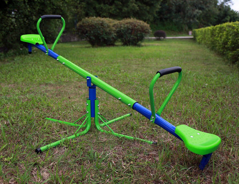 Kids spinning on green 360° seesaw in backyard
360-degree rotating seesaw with blue seats and soft handles
Outdoor seesaw with rotation and bounce action
Side view of children playing on rotating seesaw
Playground toy for toddlers and young kids