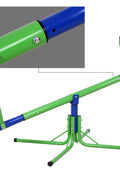 Kids spinning on green 360° seesaw in backyard
360-degree rotating seesaw with blue seats and soft handles
Outdoor seesaw with rotation and bounce action
Side view of children playing on rotating seesaw
Playground toy for toddlers and young kids
