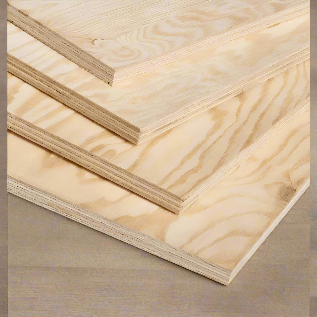 Stack of pine plywood sheets in 3/8”, 1/2”, and 3/4” thickness – 4x8 FT size