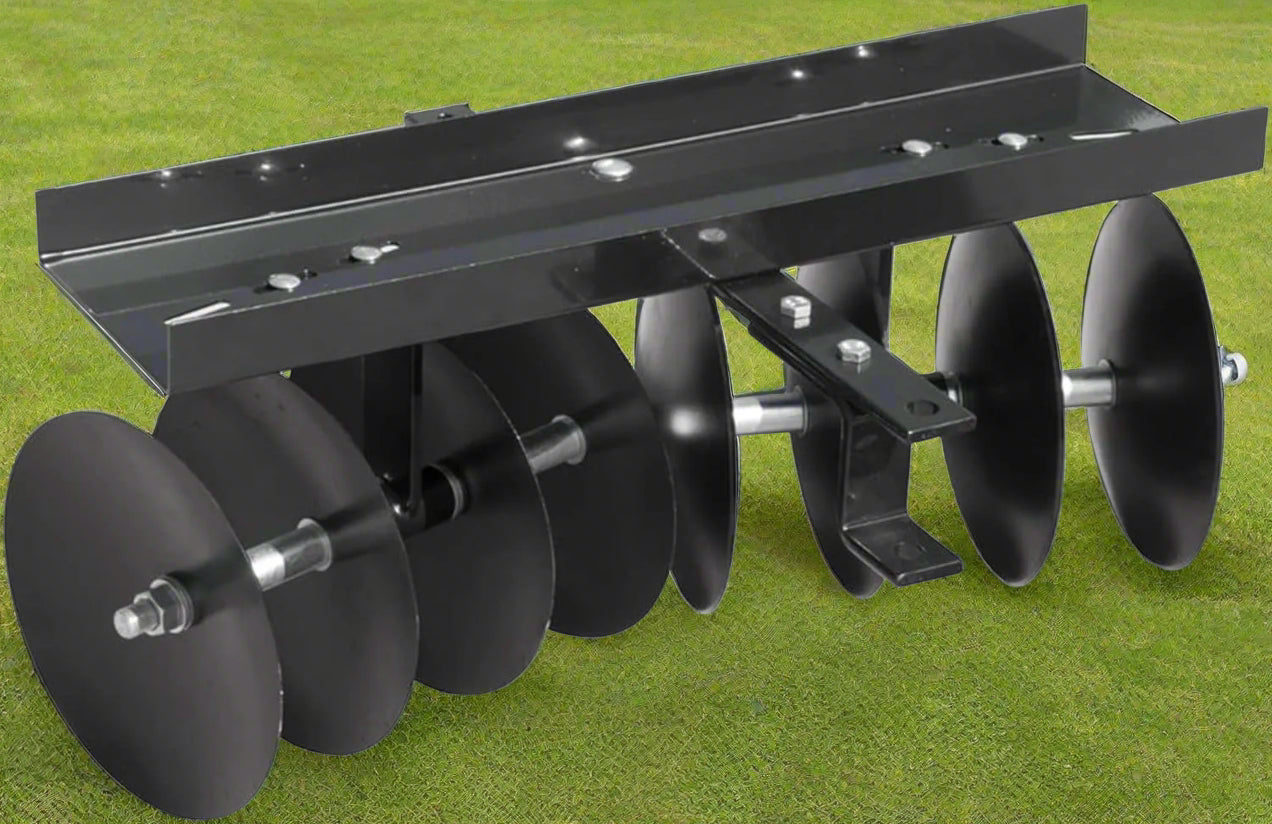 39” tow-behind disc harrow with 8 notched discs – black steel frame
Lawn tractor disc cultivator attachment for garden prep
Tow-behind harrow connected to lawn tractor with pin hitch
Notched disc blades and adjustable angle bracket detail