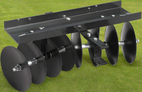 39” tow-behind disc harrow with 8 notched discs – black steel frame
Lawn tractor disc cultivator attachment for garden prep
Tow-behind harrow connected to lawn tractor with pin hitch
Notched disc blades and adjustable angle bracket detail