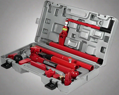 "Porta power hydraulic body repair jack kit with storage case"

"Hydraulic auto frame straightening kit with rams and extensions"

"10 ton red porta power jack system for car and truck frame repair"