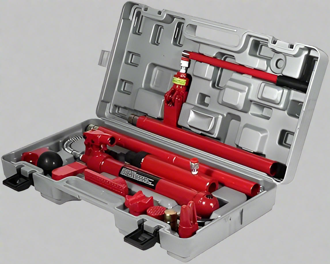 "Porta power hydraulic body repair jack kit with storage case"

"Hydraulic auto frame straightening kit with rams and extensions"

"10 ton red porta power jack system for car and truck frame repair"