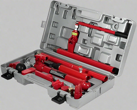 "Porta power hydraulic body repair jack kit with storage case"

"Hydraulic auto frame straightening kit with rams and extensions"

"10 ton red porta power jack system for car and truck frame repair"