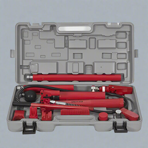 "Porta power hydraulic body repair jack kit with storage case"

"Hydraulic auto frame straightening kit with rams and extensions"

"10 ton red porta power jack system for car and truck frame repair"