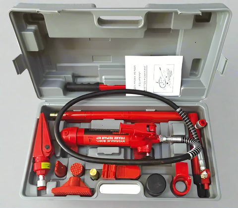 "Porta power hydraulic body repair jack kit with storage case"

"Hydraulic auto frame straightening kit with rams and extensions"

"10 ton red porta power jack system for car and truck frame repair"