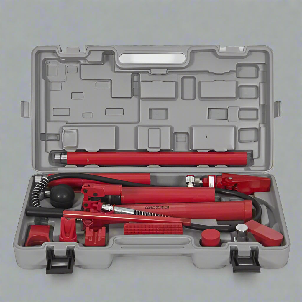 "Porta power hydraulic body repair jack kit with storage case"

"Hydraulic auto frame straightening kit with rams and extensions"

"10 ton red porta power jack system for car and truck frame repair"
