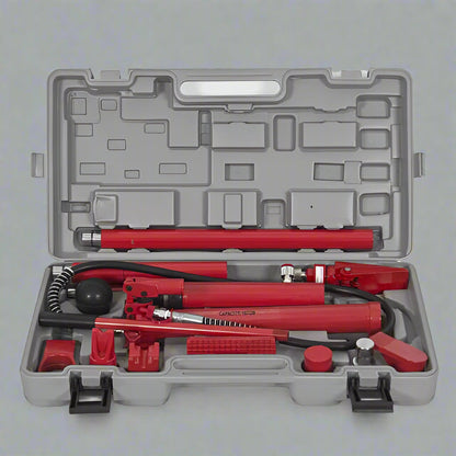"Porta power hydraulic body repair jack kit with storage case"

"Hydraulic auto frame straightening kit with rams and extensions"

"10 ton red porta power jack system for car and truck frame repair"