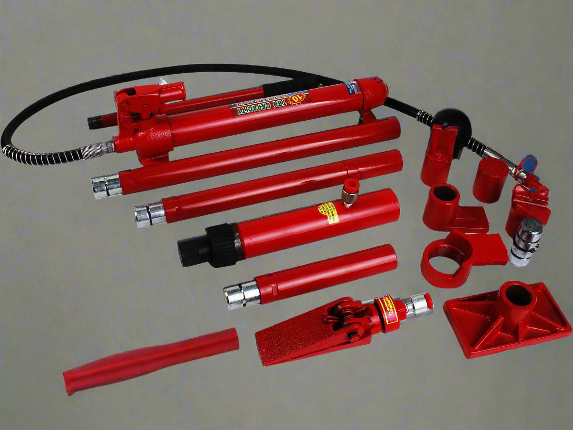 "Porta power hydraulic body repair jack kit with storage case"

"Hydraulic auto frame straightening kit with rams and extensions"

"10 ton red porta power jack system for car and truck frame repair"