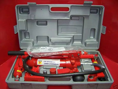 "Porta power hydraulic body repair jack kit with storage case"

"Hydraulic auto frame straightening kit with rams and extensions"

"10 ton red porta power jack system for car and truck frame repair"