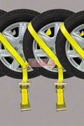 4-Pack Yellow Lasso Ratchet Tie-Down Straps with Flat Hooks and O-Rings

Heavy-Duty 2” x 10’ Tie-Down Strap – Flat Hook and O-Ring Detail

Ratchet Strap for Auto Hauling – 3,335 lbs WLL – Side View

Complete Lasso Wheel Net Set – Yellow Nylon Tie-Down Straps