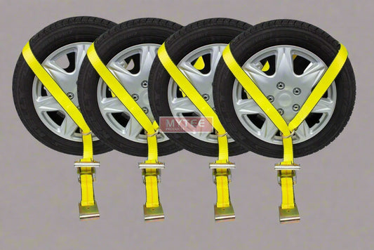 4-Pack Yellow Lasso Ratchet Tie-Down Straps with Flat Hooks and O-Rings

Heavy-Duty 2” x 10’ Tie-Down Strap – Flat Hook and O-Ring Detail

Ratchet Strap for Auto Hauling – 3,335 lbs WLL – Side View

Complete Lasso Wheel Net Set – Yellow Nylon Tie-Down Straps