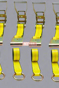 4-Pack Yellow Lasso Ratchet Tie-Down Straps with Flat Hooks and O-Rings

Heavy-Duty 2” x 10’ Tie-Down Strap – Flat Hook and O-Ring Detail

Ratchet Strap for Auto Hauling – 3,335 lbs WLL – Side View

Complete Lasso Wheel Net Set – Yellow Nylon Tie-Down Straps
