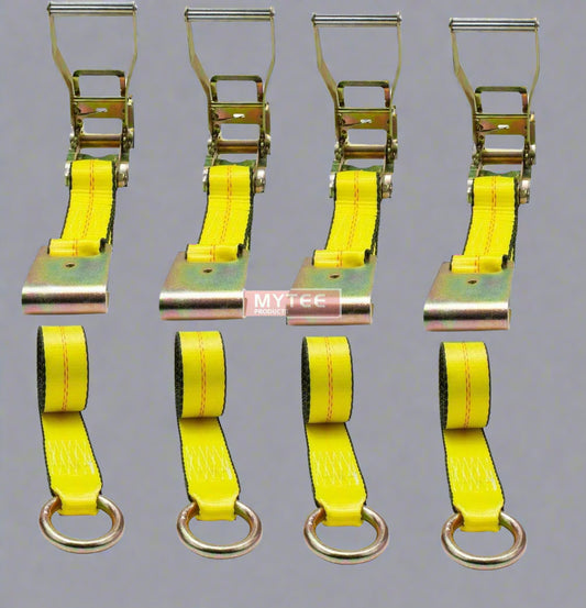 4-Pack Yellow Lasso Ratchet Tie-Down Straps with Flat Hooks and O-Rings

Heavy-Duty 2” x 10’ Tie-Down Strap – Flat Hook and O-Ring Detail

Ratchet Strap for Auto Hauling – 3,335 lbs WLL – Side View

Complete Lasso Wheel Net Set – Yellow Nylon Tie-Down Straps