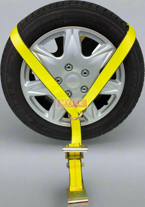 4-Pack Yellow Lasso Ratchet Tie-Down Straps with Flat Hooks and O-Rings

Heavy-Duty 2” x 10’ Tie-Down Strap – Flat Hook and O-Ring Detail

Ratchet Strap for Auto Hauling – 3,335 lbs WLL – Side View

Complete Lasso Wheel Net Set – Yellow Nylon Tie-Down Straps