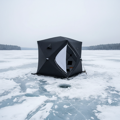 "Heavy-duty insulated pop-up ice fishing tent for 4-6 people"

"Black pop-up ice shelter with durable waterproof construction"

"Spacious insulated tent for winter camping and ice fishing"

"Pop-up setup ice fishing tent with chimney port option"

"Portable insulated ice fishing shelter with heavy-duty fabric"