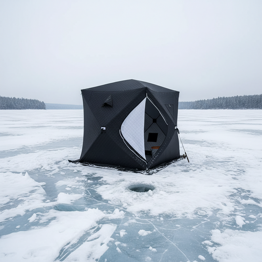 "Heavy-duty insulated pop-up ice fishing tent for 4-6 people"

"Black pop-up ice shelter with durable waterproof construction"

"Spacious insulated tent for winter camping and ice fishing"

"Pop-up setup ice fishing tent with chimney port option"

"Portable insulated ice fishing shelter with heavy-duty fabric"