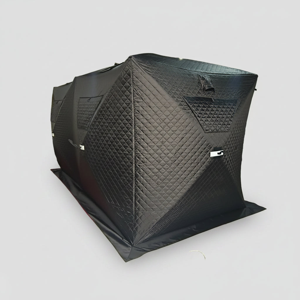 "Heavy-duty insulated pop-up ice fishing tent for 4-6 people"

"Black pop-up ice shelter with durable waterproof construction"

"Spacious insulated tent for winter camping and ice fishing"

"Pop-up setup ice fishing tent with chimney port option"

"Portable insulated ice fishing shelter with heavy-duty fabric"