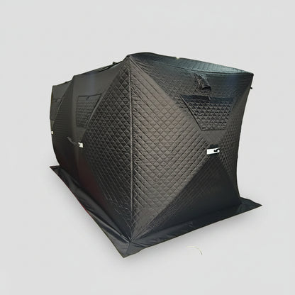 "Heavy-duty insulated pop-up ice fishing tent for 4-6 people"

"Black pop-up ice shelter with durable waterproof construction"

"Spacious insulated tent for winter camping and ice fishing"

"Pop-up setup ice fishing tent with chimney port option"

"Portable insulated ice fishing shelter with heavy-duty fabric"
