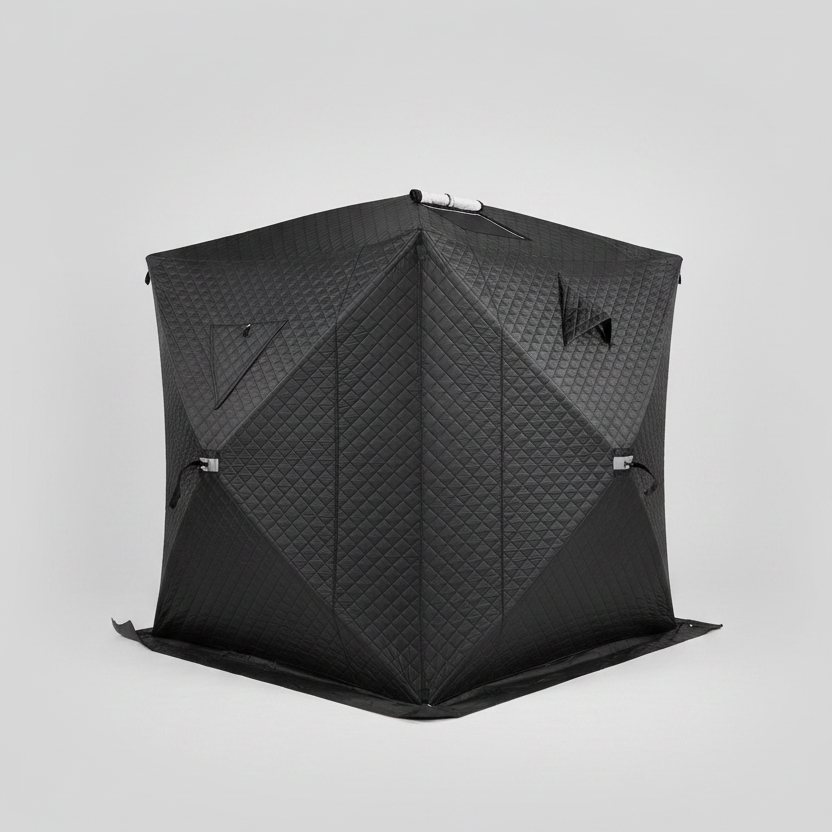 "Heavy-duty insulated pop-up ice fishing tent for 4-6 people"

"Black pop-up ice shelter with durable waterproof construction"

"Spacious insulated tent for winter camping and ice fishing"

"Pop-up setup ice fishing tent with chimney port option"

"Portable insulated ice fishing shelter with heavy-duty fabric"