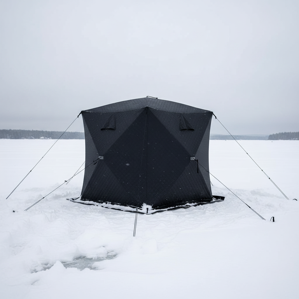 "Heavy-duty insulated pop-up ice fishing tent for 4-6 people"

"Black pop-up ice shelter with durable waterproof construction"

"Spacious insulated tent for winter camping and ice fishing"

"Pop-up setup ice fishing tent with chimney port option"

"Portable insulated ice fishing shelter with heavy-duty fabric"