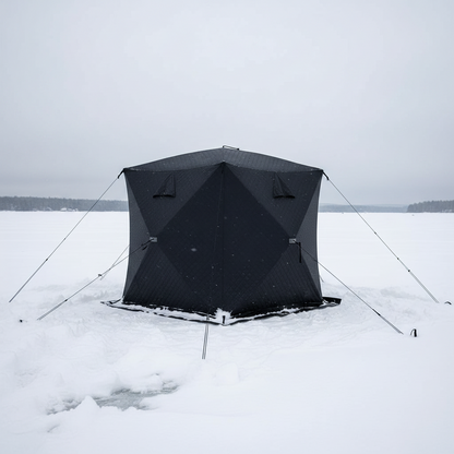 "Heavy-duty insulated pop-up ice fishing tent for 4-6 people"

"Black pop-up ice shelter with durable waterproof construction"

"Spacious insulated tent for winter camping and ice fishing"

"Pop-up setup ice fishing tent with chimney port option"

"Portable insulated ice fishing shelter with heavy-duty fabric"
