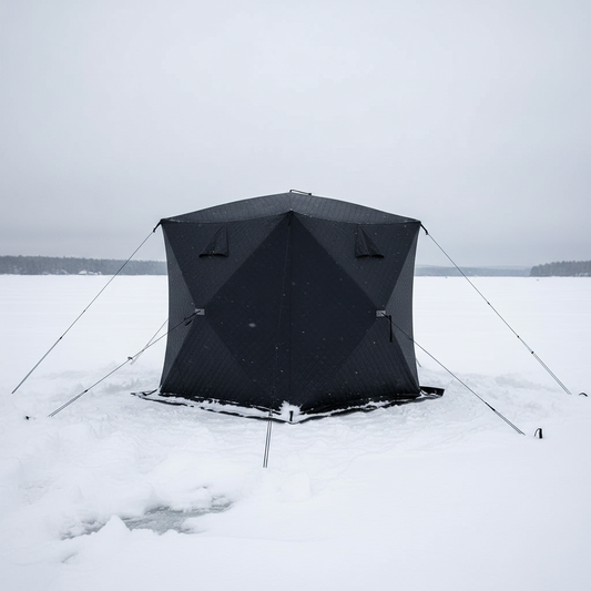 "Heavy-duty insulated pop-up ice fishing tent for 4-6 people"

"Black pop-up ice shelter with durable waterproof construction"

"Spacious insulated tent for winter camping and ice fishing"

"Pop-up setup ice fishing tent with chimney port option"

"Portable insulated ice fishing shelter with heavy-duty fabric"