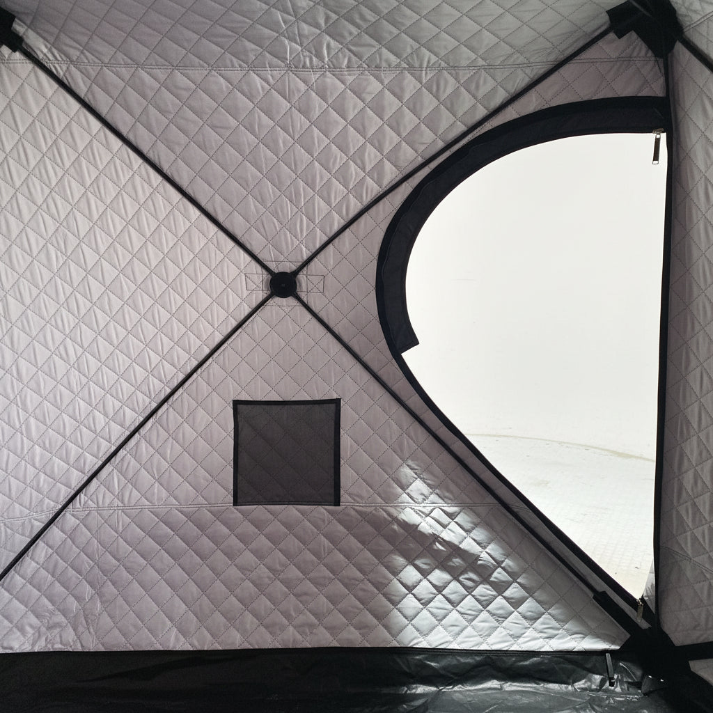 "Heavy-duty insulated pop-up ice fishing tent for 4-6 people"

"Black pop-up ice shelter with durable waterproof construction"

"Spacious insulated tent for winter camping and ice fishing"

"Pop-up setup ice fishing tent with chimney port option"

"Portable insulated ice fishing shelter with heavy-duty fabric"
