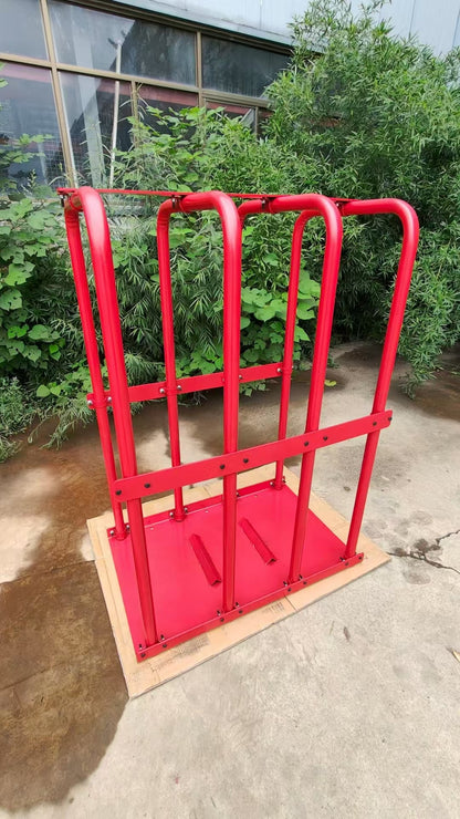 4-bar steel tire inflation safety cage for truck tires
Heavy-duty tire inflation cage red powder-coated finish
Truck and bus tire safety cage with 4-bar system
Inflation safety cage with open access door for truck tires