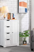 Gray 4-drawer floor cabinet with adjustable shelf
White MDF bathroom storage cabinet
Side view of modern drawer cabinet
Floor cabinet with 4 drawers and 1 door
Compact utility cabinet for kitchen or bath