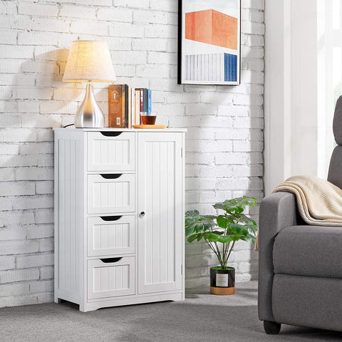 Gray 4-drawer floor cabinet with adjustable shelf
White MDF bathroom storage cabinet
Side view of modern drawer cabinet
Floor cabinet with 4 drawers and 1 door
Compact utility cabinet for kitchen or bath